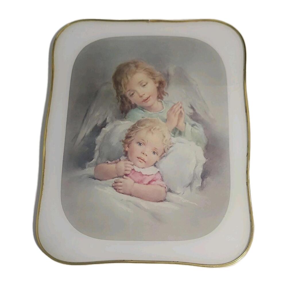 Vintage Italian Made Guardian Angel And Sleeping Baby Rectangle Convex Frame11×9
